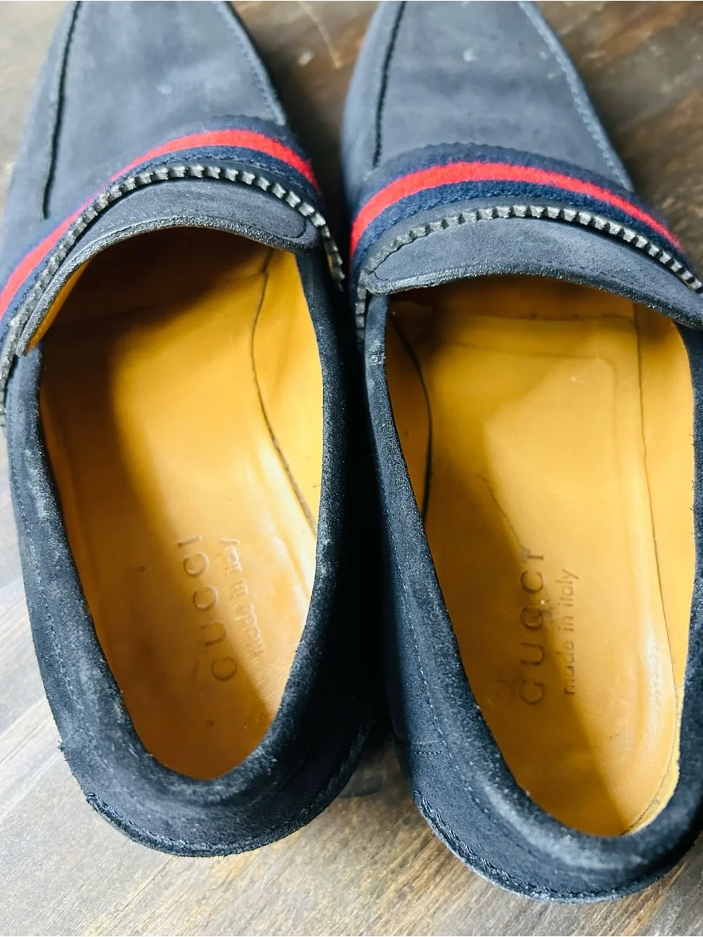 Gucci Navy Suede Loafers with Red & Navy Web Band